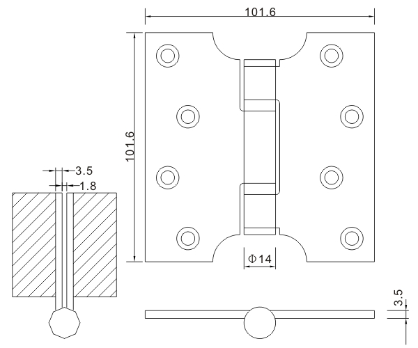 4 × 4 × 3,5 I-образный шарнир из нержавеющей стали, плоский шарнир, деревянные дверные петли